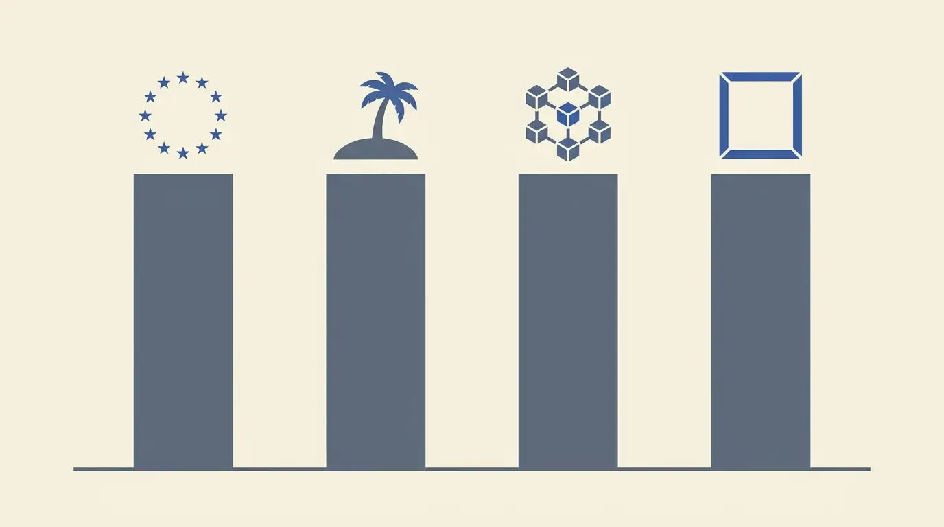 Vier Säulen mit den typischen Lizenzregimen jenseits der deutschen Konzession von EU-Lizenzen über karibische Offshore-Regime bis zu Anbietern ohne klare Lizenz.